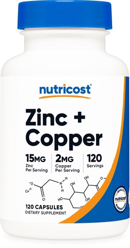 [BRSRAYY7CQNAIH3F] Nutricost Zinc + Copper Capsules (120 Servings)(15MG Zinc + 2MG Copper Per Serving) - Non GMO, Vegetarian