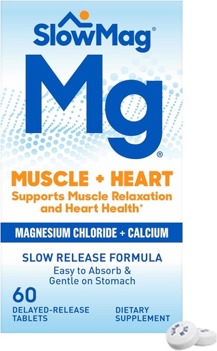 [BRSWIYQABYBGKETI] SlowMag Muscle + Heart Magnesium Chloride with Calcium Supplement to Support Muscle Relaxation, Occasional Muscle Cramping & Heart Health, High Absorption, 60 Count