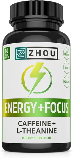 [BRSWK233OIOQCHTO] Zhou Energy + Focus - L Theanine Caffeine Pills, 200 mg L-Theanine, 100 mg Natural Anhydrous Caffeine Boost pre dospelých, mužov a ženy, pomalé rozšírené vydanie - 60 Vegetariánskych kapsúl (Pack of 1)