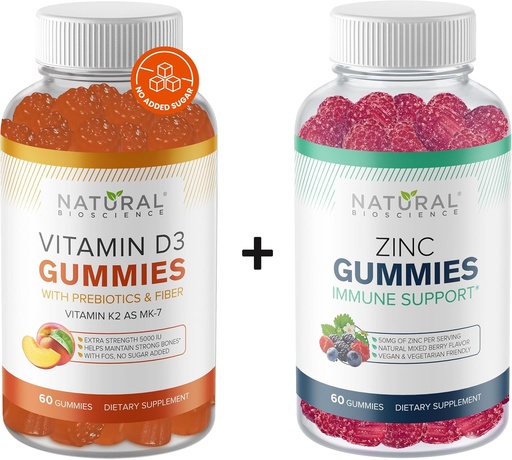 [BRSRAGAZCMMQ2GTV] Natural BioScience Sugar Free Vitaminum D3 K2 Gummies 5000 TV & Cinko Gummies 50 mg, Extra Stiprumas, Imuninė parama, Kaulų sveikata, širdies sveikata, odos parama, 60 Gummy vitaminai
