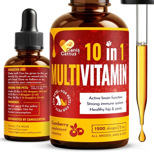 [BRSRAHQFPN5RGCDX] Canis&Cattus 10-in-1 Multivitamin for Dogs and Cats – Daily Glucosamine, Vitamin B, C & D3 Support - Liquid Supplement with Cranberry & MSM – 2 oz