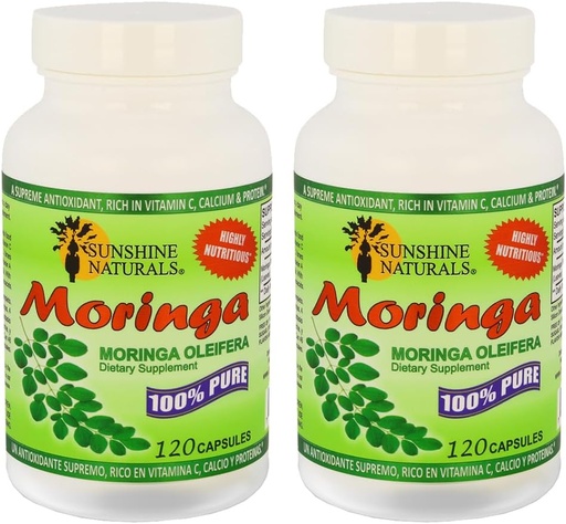 [BRSRAGL6DF4GGEYU] Sunshine Naturals Moringa kosttilskudd. Immunsystemhjelp, energiforsterker, antioksidant støtte og næringsrik supermat. Fremmer sammenbrudd og hjertehelse. 120 kapsler. Pakke med 2