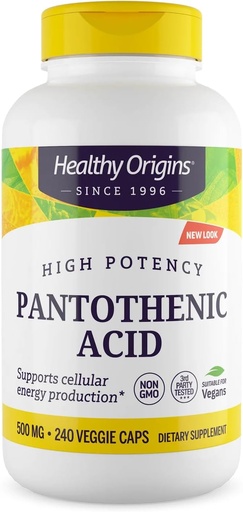 [BRSWYGQYAF6QM2DU] 건강한 근원 프리미엄 비타민 B5 Pantothenic 산 500 mg Vegan 캡슐, 고강도, 에너지 부스트 및 대사 지원, 피로 & 피로, 피부 관리를 위한 여드름 보충교재, 백색, 240 조사