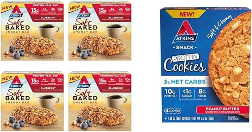 [BRSROBL3DF5RMD35] Atkins Soft Baked Energy Bars, Blueberry, 15g Protein, 2g Sugar, Excelente Source & Peanut Butter Protein Cookie, Protein Dessert, Rich in Fiber, 3g Carb Net, 1g Sugar