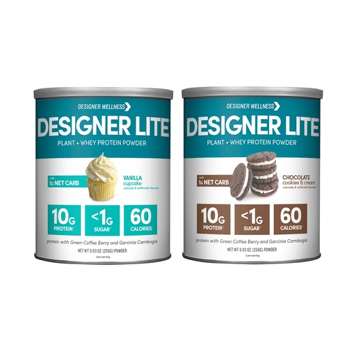[BRSRM2YZCUCAA2DO] Designer Wellness, Designer Lite, Low Calorie Natural Protein, Prebiotic Fiber, Key Vitamins & Minerals, Vanilla Cupcake and Chocolate Cookies & Cream Bundle