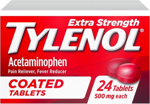 [BRSWKGD5CJ6R23T4] Tylenol Extra Strength Pain Reliever & Fever Reduceer, Round Covered Tablets, 500 mg Ацетаминофенови хапчета за облекчаване на болката за главоболие, зъбобол и болка в малък артрит, 24 ct