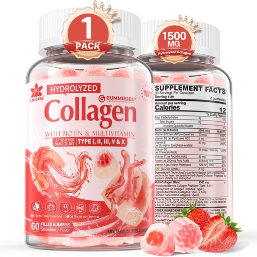 [BRSRMAD6CEMG2HTX] Collagen Peptide Gummies for Women & Men Sugar-Free, Multi Collagen Hydrolyzed w/ 1500mg Protein Type I,II,III,V,X, 5000mcg Biotin, Methylated B12, Vitamin C A E D3 B6 for Skin Hair Nails, Bone, 60Cts