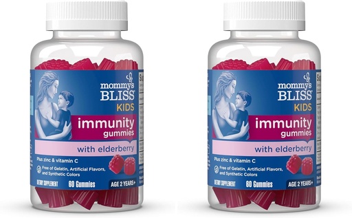 [BRSRAY35DIIQ2H3V] Mommy's Bliss Kids Elderberry Gummies, soutient Immunity with Black Elderberry, Zinc & Vitamine C, sans gluten et végétalien, 2 ans et plus (60 comtes) (paquet de 2)
