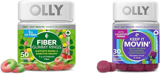 [BRSROCYOPJYQM3AV] OLLY Fiber Gummy Rings, 5g Prebiotic Fiber, FOS (Fructo-oligosaccharides), Digestive Support, Berry Melon 50ct & Keep it Moving Constipation Relief, Rhubarb, Prunes, Amla - Plum Berry Flavor - 30ct