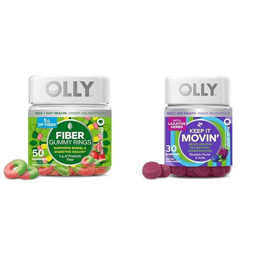 [BRSROCYOPJYQM3AV] OLLY Fiber Gummy Rings, 5g Prebiotic Fiber, FOS (Fructo-oligosaccharides), Digestive Support, Berry Melon 50ct & Keep it Moving Constipation Relief, Rhubarb, Prunes, Amla - Plum Berry Flavor - 30ct