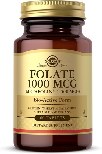[BRSWIF37OV7ACFQV] Solgar Folate 1000 mcg, 60 Tablet - 1000 mcg Bio-Active Metafolin - Vegan, Gluten Free, Dairy Free, Kosher - 60 Hizmet