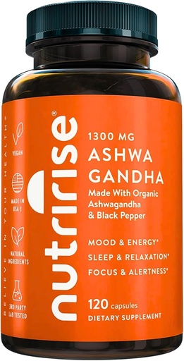 [BRSWG2QCPJ5BYH3J] NutriRise Organic Ashwagandha Root Capsules with Black Pepper, 1300mg, Natural Stress & Mood, Thyroid, and Immune Support Suplemento, Clarity, Focus &amp; Energy, Gluten Free, 120 Count