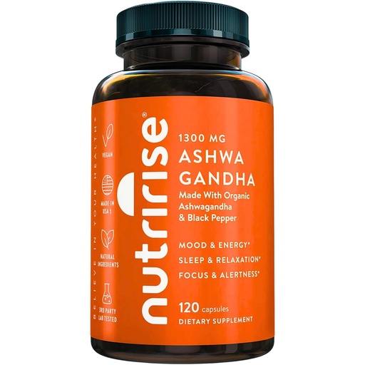 [BRSWG2QCPJ5BYH3J] NutriRise Organic Ashwagandha Root Capsules with Black Pepper, 1300mg, Natural Stress & Mood, Thyroid, and Immune Support Supplement, Clarity, Focus & Energy, Gluten Free, 120 Count