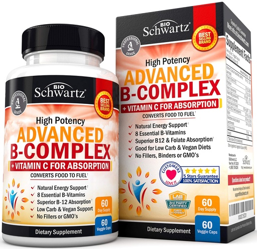 [BRSWGCYYPMCBUYL3] Vitamin B Complex with Vitamin C for Maximum Absorption - Methylcobalamin b12 & Folate Folic Acid Supplement - B1 B2 B3 B5 B6 B7 B9 for Immune Energy & Nervous System Support - Non-GMO, 60 count