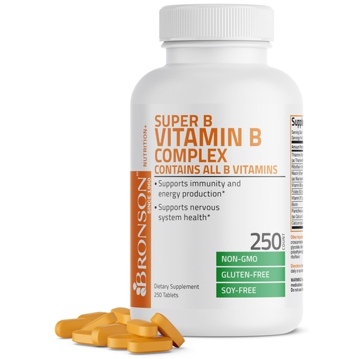 [BRSWIYT7DEDREFLY] Bronson Vitamin B Complex (Vitamin B1, B2, B3, B6, B9 - Folic Acid, B12), 250 Tablets