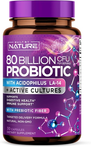[BRSROYIHBAJQK333] 80 Billion CFU Probiotic - Daily Digestive Gut Health Supplement for Men & Women - Lactobacillus acidophilus, Bifidobacterium & Prebiotics - Non-GMO, Gluten & Dairy Free, Shelf-Stable - 30 Capsules
