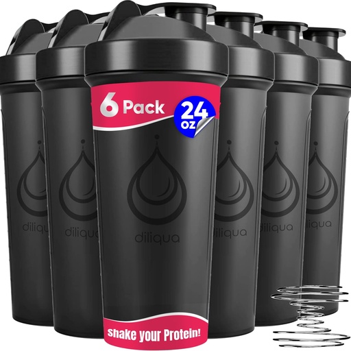 [BRSRMBACA4IQK33F] diliqua 6 PACK, Shaker Bottles with Wire Whisks for Protein Mixes | Leakproof Blender Shaker Bottle Pack | BPA-Free & Dishwasher Safe | 6 24 oz shaker bottles | Shaker Cups for shakes
