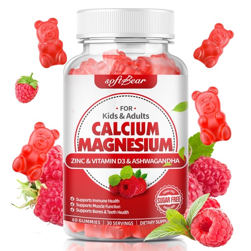 [BRSROFD4AAIAAYDG] softbear Calcium Magnesium Zinc Gummies for Women, Calcium Magnesium Supplement with Vitamin D3 for Bone Strength, Vegan/Sugar-Free, Raspberry Flavor 60 Count