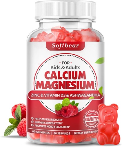 [BRSROFD4AAIAAYDG] softbear Calcium Magnesium Zinc Gummies for Women, Calcium Magnesium Supplement with Vitamin D3 for Bone Strength, Vegan/Sugar-Free, Raspberry Flavor 60 Count