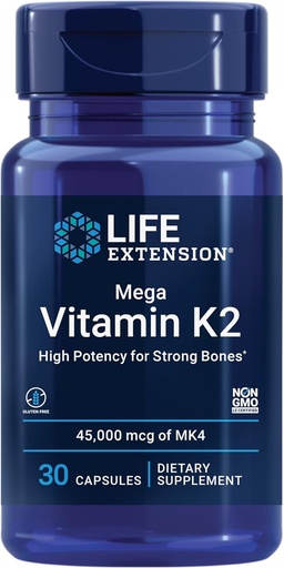 [BRSWYHY3OEGWK2YZ] Livsforlengelse Mega vitamin K2 høy styrke for sterke bein, klinisk studert 45 mg K2 dosering, fremmer sunn beintetthet, glutenfri, ikke-GMO, 30 kapsler
