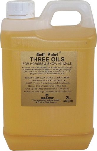 [BRSWI2T5DEBG23T2] Three Oils, Horse Supplement, Gold Label, Cod Liver Oil, Evening Primrose Oil, Wheatgerm Oil, 2 Litres