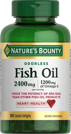 [BRSWIYAYBYFWC3DU] Nature's Bounty Odorless Fish Oil, 1200mg Omega-3 per Serving Including EPA & DHA, Supports Heart Health, Purified to Eliminate Mercury, Coated Softgels, Gluten Free, No Shellfish, 90 Ct