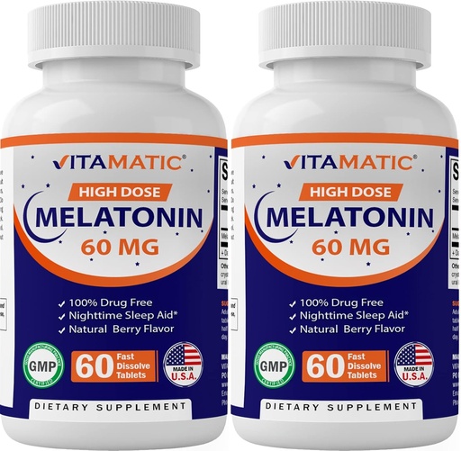 [BRSRMEAQCUOWO33U] Vitamatic Melatonin 60 mg Fast Dissolve Tablets - 60 Vegan Natural Berry Flavor Tablets - Non-Habit Forming - Non-GMO, Gluten Free (2 Bottles)