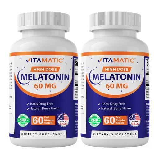 [BRSRMEAQCUOWO33U] Vitamatic Melatonin 60 mg Fast Dissolve Tablets - 60 Vegan Natural Berry Flavor Tablets - Non-Habit Forming - Non-GMO, Gluten Free (2 Bottles)