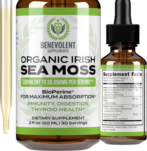 [BRSROEA5OACB4FL3] Benevolent Nourishment Organic Irish Sea Mos drops 2oz - Burdock Root, Bladderwrack & BioPerine [Ultra Strength] 30,000mg Sea Mos Liquid drops for Immune Support, Thyroid, Gut, Skin & Joint Health