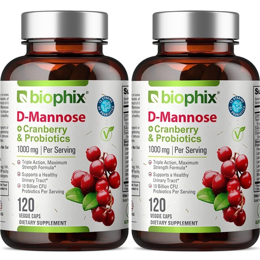 [BRSWGYL3OZYW2FL2] biophix D-Mannose 1000mg Capsules with Cranberry & Probiotics - D Mannose Supplements for Women - D-Mannose Pills for Urinary Tract & Bladder Health Support - Digestive Well-Being - 120 Vcaps 2 Pack