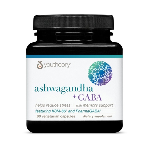 [BRSROZQHOYBQKGT7] Youtheory Ashwagandha + GABA - Adaptogenic Blend with Organic KSM-66 & Ginger - Aids Stress Relief & Mood* - Supports Energy Levels* - 60 Vegetarian Capsules (30-Day Supply)*