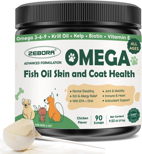[BRSRA2YEOIOQA2AU] ZEBORA Omega 3 Fish Oil for Dogs, Wild Caught Dog Fish Oil, EPA & DHA, Krill Oil, Kelp, Skin and Coat Supplement, Anti Itch & Shedding, Support Dry Skin, Joint Health, Dog Allergy Relief