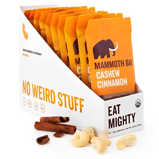 [BRSWGAQ3OECAIFY6] Cashew Cinnamon Bar- Organic, Paleo, Gluten Free and Raw by Mammoth Bar, 10-12g Protein, 1.8 Oz. Bar (10 Bars) …
