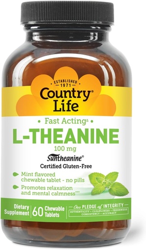[BRSWIGDZBECBQE3M] Country Life L- Theanine Fast-Acting 100mg, 60 Μασώμενα δισκία, με γεύση μέντας, πιστοποιημένη χωρίς γλουτένη, πιστοποιημένη Vegan