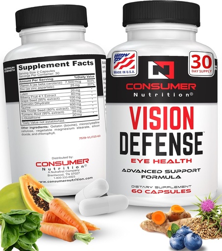 [BRSRA2YKCUNQAE3U] Eye Health Supplements for Adults - Supports & Protects Eye Health with Vitamin A, Lutein, Taurine, Turmeric Root, Grape Seed Extract & Milk Thistle Seed - Vision Defense 60 Ct