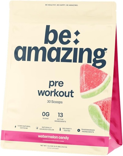 [BRSWYBAOCUBGC2A2] BE AMAZING Pre Workout Powder, Vegan Supplement with 125mg Natural Caffeine, Ashwagandha and Adaptogens, Sugar Free Drink Mix for Men and Women, Gluten Free, Non GMO, Watermelon Candy, 30 Servings