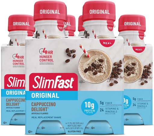 [BRSW2A34A54GAHTP] SlimFast Meal Replacement Shake, Original Cappuccino Delight, 10g of Ready to Drink Protein for Weight Loss, 11 Fl. Oz Bottle, 4 Count (Pack of 3) (Packaging May Vary)