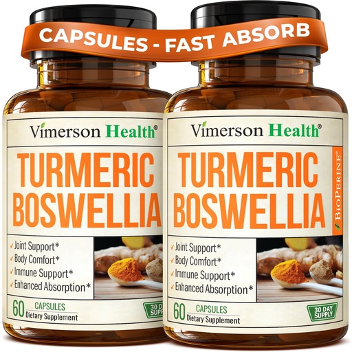 [BRSRAYAQO4MA2DT3] Boswellia Serrata Turmeric Curcumin Supplement: Organic Tumeric, Boswellia Extract, Ginger & BioPerine for Max Absorption – Inflammation & Joint Supplements for Men & Women – Non-GMO – 60 Caps, 2 Pack
