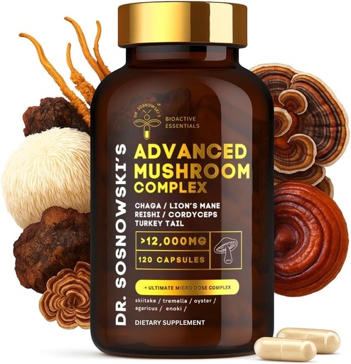 [BRSRAA35CEPGY3YZ] Sosnowski doktorearen X10 onddo-konplexu Bioaktiboa | Lehoiaren Mane, Cordyceps, Chaga, Turkey Tail, Reishi, Shiitake, Tremelia, Oyster, Agaricus eta Enoki-ren erauzketak | 120 kapsulak