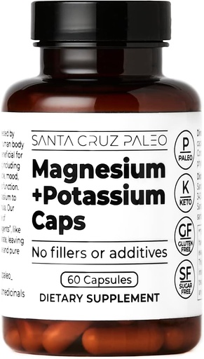 [BRSRMCA6DICA4FDO] Santa Cruz Paleo Magnesium Potassium Capsules, Magnesium Glycinate y Potassium Citrate, Gluten Free, Keto, Sugar Free, Paleo, for General Health, Brain, Muscle, Bone and Energy Support, 60 cápsulas