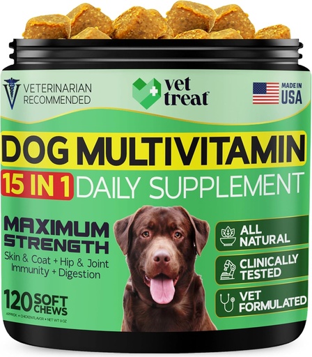 [BRSROAT6OVYQOFL4] Dog Multivitamin Chewable with Glucosamine & Salmon Oil – Made USA – Puppy & Senior Supplement – 120 Chews– Daily Wellness Support for Joints, Immune System, Skin & Coat, Heart & Digestion