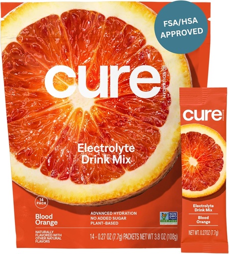 [BRSROCD5BEIBYA3F] Cure Hydration | Plant-Based Electrolyte Drink Mix | No Added Sugar | FSA-HSA | Dehydration Relief Powder Made with Coconut Water | Non-GMO | Vegan | Pouch of 14 Packets - Blood Orange