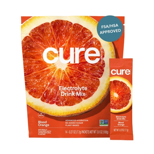 [BRSROCD5BEIBYA3F] Cure Hydration - Electrolyte Drink Powder Blood Orange 14 Packets | Plant-Based Dehydration Relief Mix Made with Coconut Water, No Added Sugar, Vegan, Non-GMO, Gluten Free, FSA-HSA Eligible