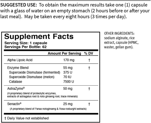 [BRSRMYIPCAGWK235] USAEnzymes YOUTHXYM 62 Delayed Release Vegetarian Capsules, Anti-Oxidant Enzyme Supplement. 170mg of Alpha Lipoic Acid (ALA) + 50mg of AstraZyme to Enhance Protein Digestion.