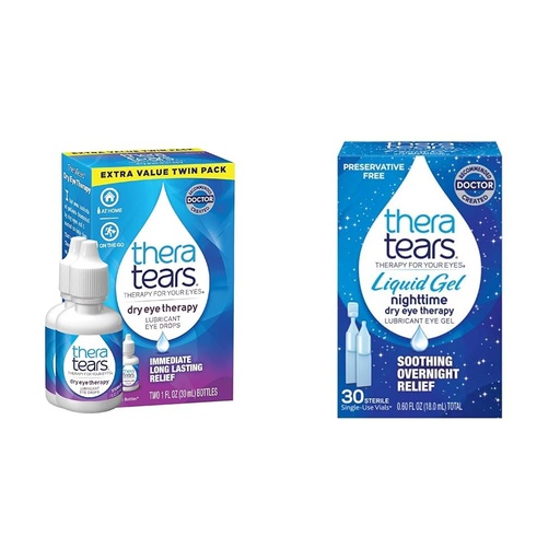 [BRSROAIKCUDQK33X] TheraTears Dry Eye Therapy Lubricating Eye Drops for Dry Eyes, 1 fl oz Bottle Twin Pack, (2 x 30mL Bottles) & Liquid Gel Nighttime Lubricating Eye Drops for Dry Eyes, Single-Use Vials, 30 Count