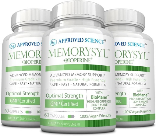 [BRSW2EDQOABGC335] Утвержденная наука MemorySyl - Memory Boosting Supplement - Улучшение фокусировки и концентрации - Защита от когнитивного спада - с гривой льва и биоперином - 3 месяца поставки - Веган