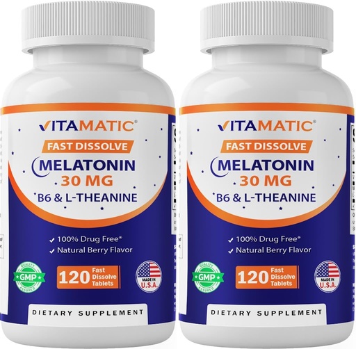 [BRSW2AL3DMDQMCA6] Vitamatic Melatonin 30 mg - with B6 & L-Theanine - 120 Fast Dissolve Tablets with Natural Berry Flavor (2 Tablets Dose = Melatonin 60 mg) (120 Count (Pack of 2))