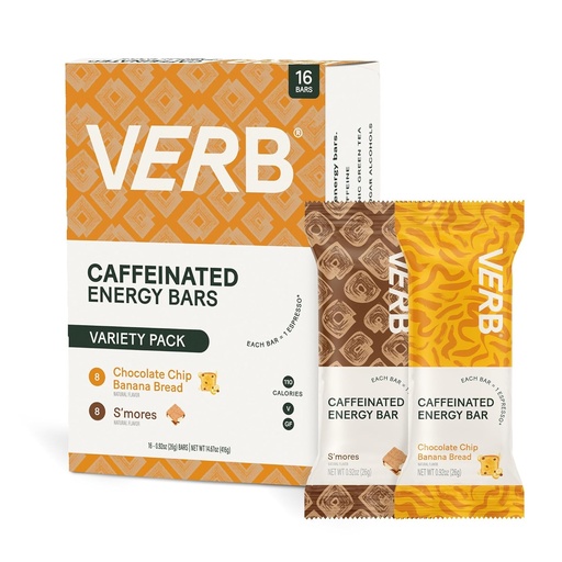 [BRSRMGQECENBUDTV] Verb Caffeinated Energy Bars Variety Pack - 2 Delicious Flavors (26g, Pack of 16) 110-Calorie Delicious Low Sugar Energy Bar, Vegan & Gluten Free On-the Go Snack with 80mg Green Tea Caffeine