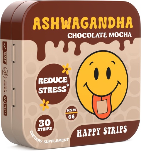[BRSROCDQCIGRQ2DD] Happy Strips Organic Ashwagandha KSM 66 & GABA for Stress Relief, Calmness, Sleep - Fast-Acting & Rapid-Dissolving, Chocolate Mocha Flavored, Organic, Vegan, Sugar-Free - 30 Count