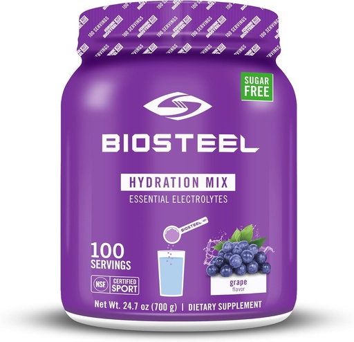 [BRSRM2T5PIBAM23P] BioSteel Zero Sugar Hydration Mix, Great Tasting Hydration with 5 Essential Electrolytes, Grape Flavor, 100 Servings per Tub